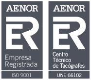Sellos AENOR de Empresa Registrada ISO 9001 y Centro Técnico de Tacógrafos UNE 66102